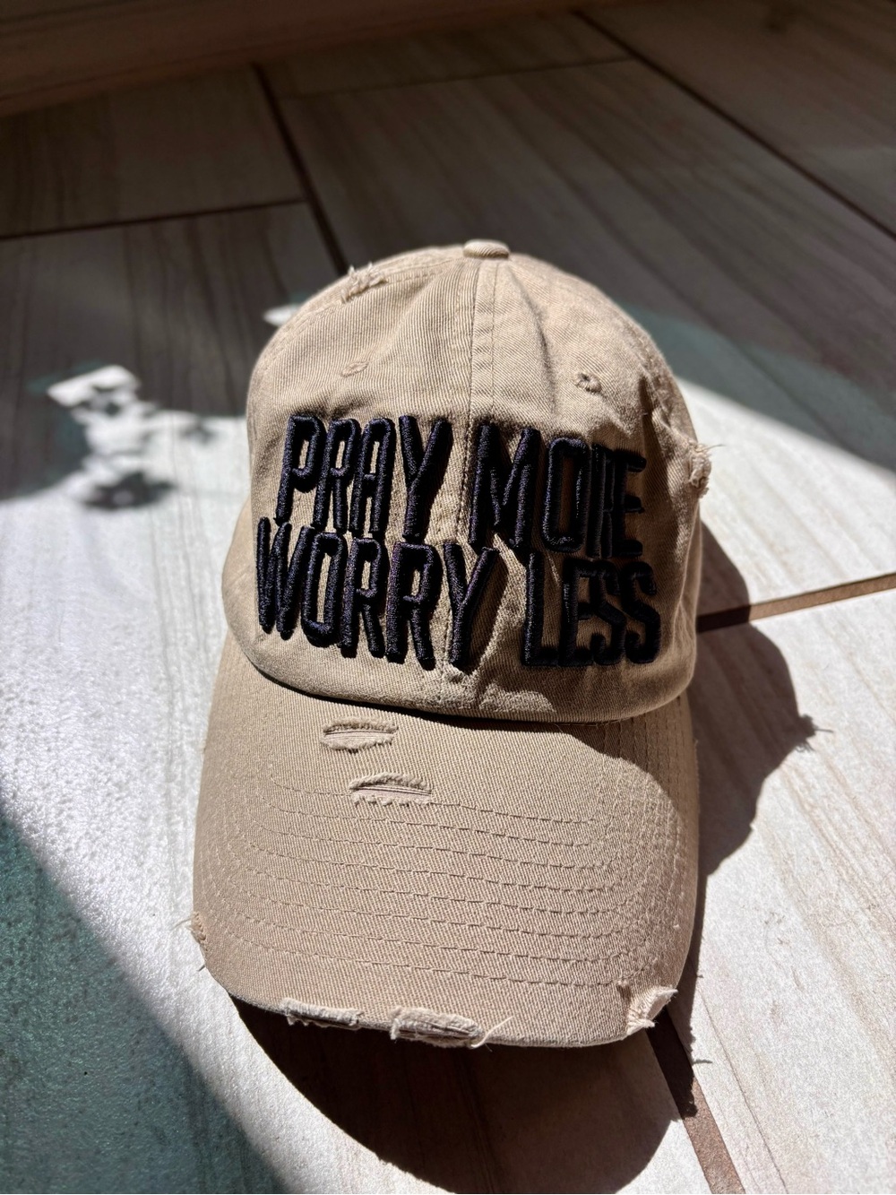 Distressed Baseball Hat with Black Embroidered 'PRAY MORE WORRY LESS'